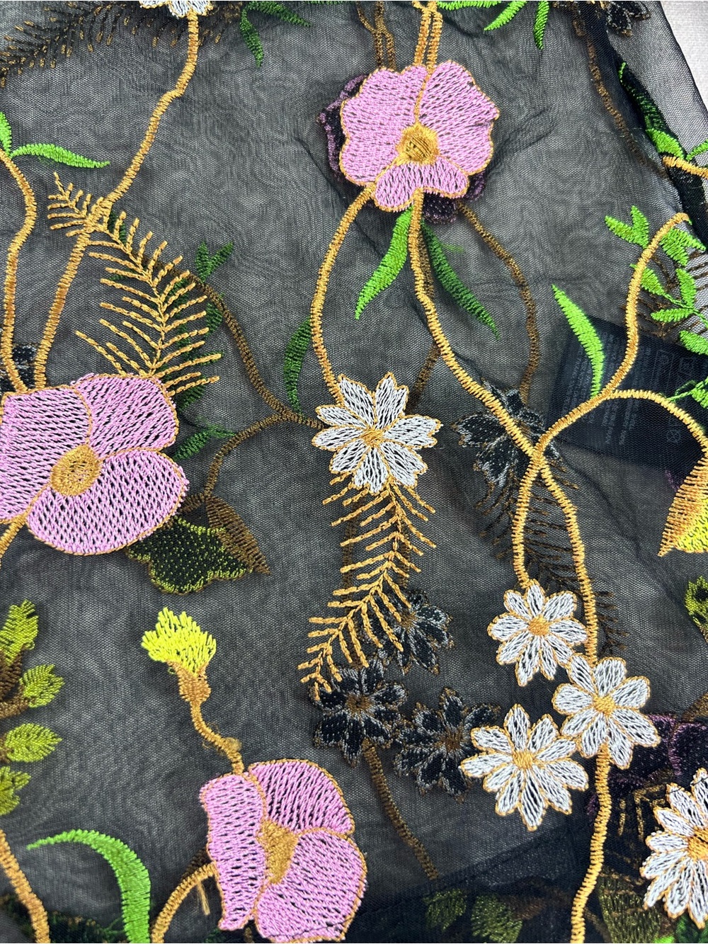 Women's Black Sheer Colorful Embroidered Floral Romantic Puffed Sleeve Blouse -M - Picture 6 of 9